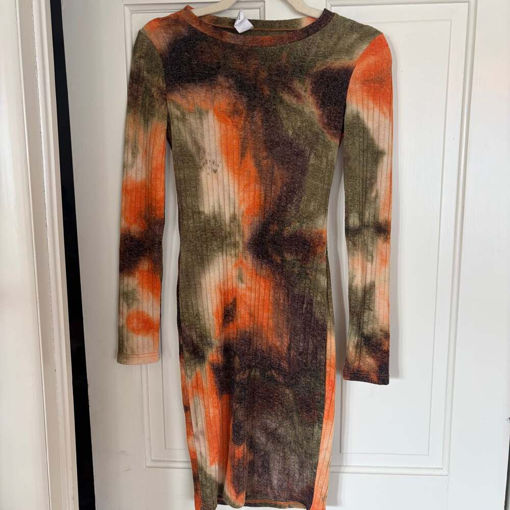 Yellow Cabbage Ribbed Tie Dye Long Sleeve Bodycon Mini Dress